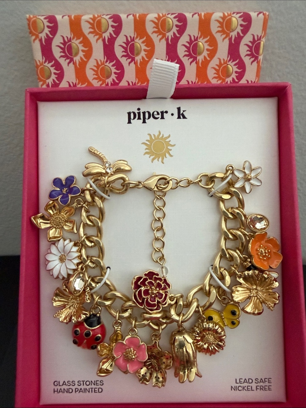 Piper K | Gold Tone Adjustable Lady Bug Bee Flower Charm Bracelet 🐞🌸🌷🦋